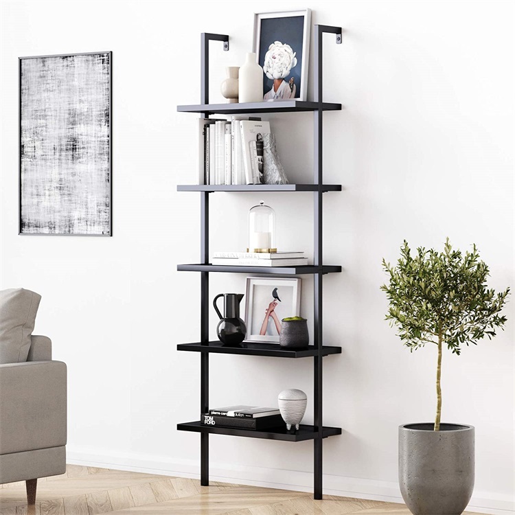 Living Room Black 5-Shelf Book Display Home Wooden Modern Ladder Book Shelf Bookcase With Metal Frame